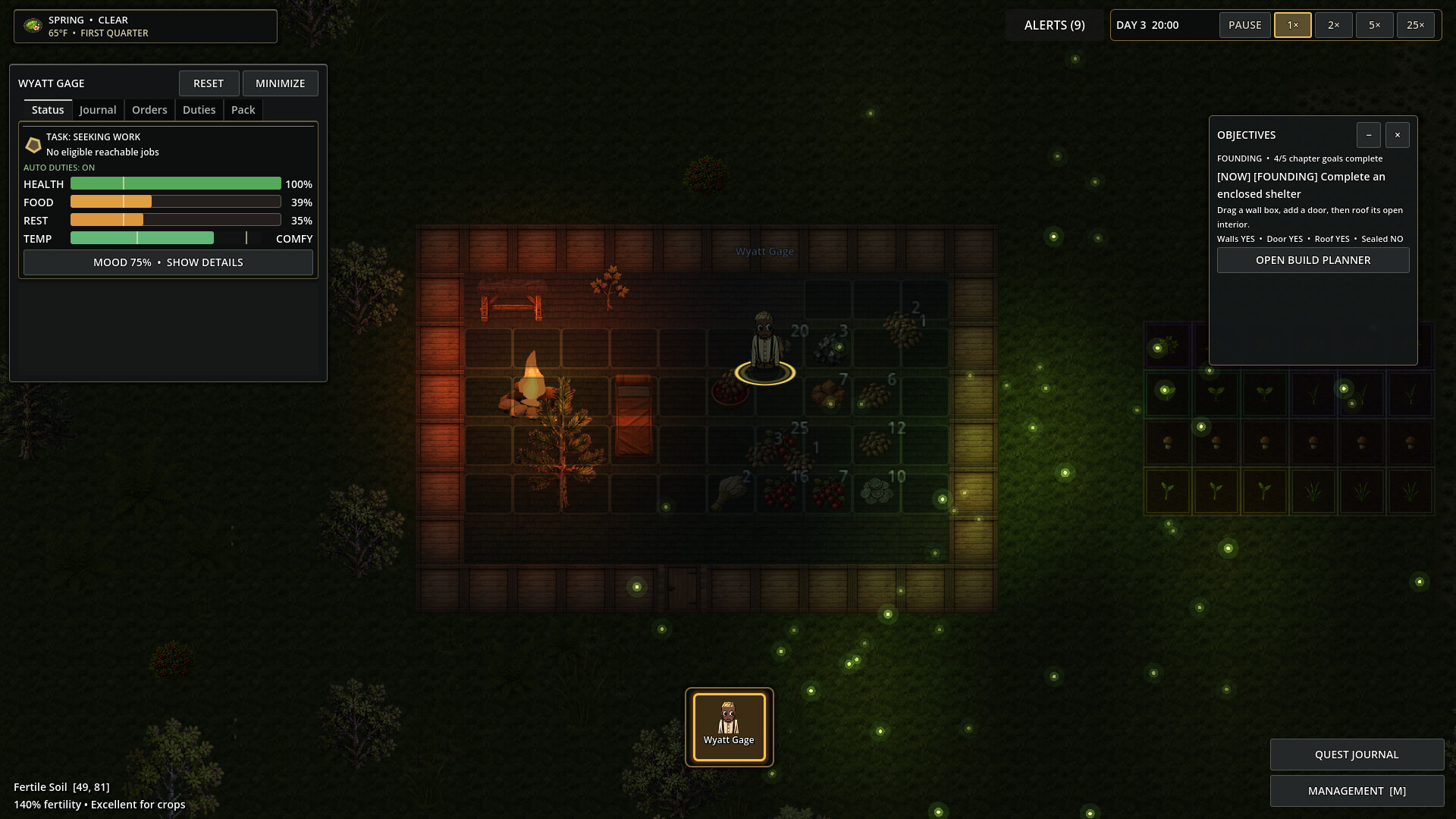 Arid Frontiers settlement illuminated by a campfire at night