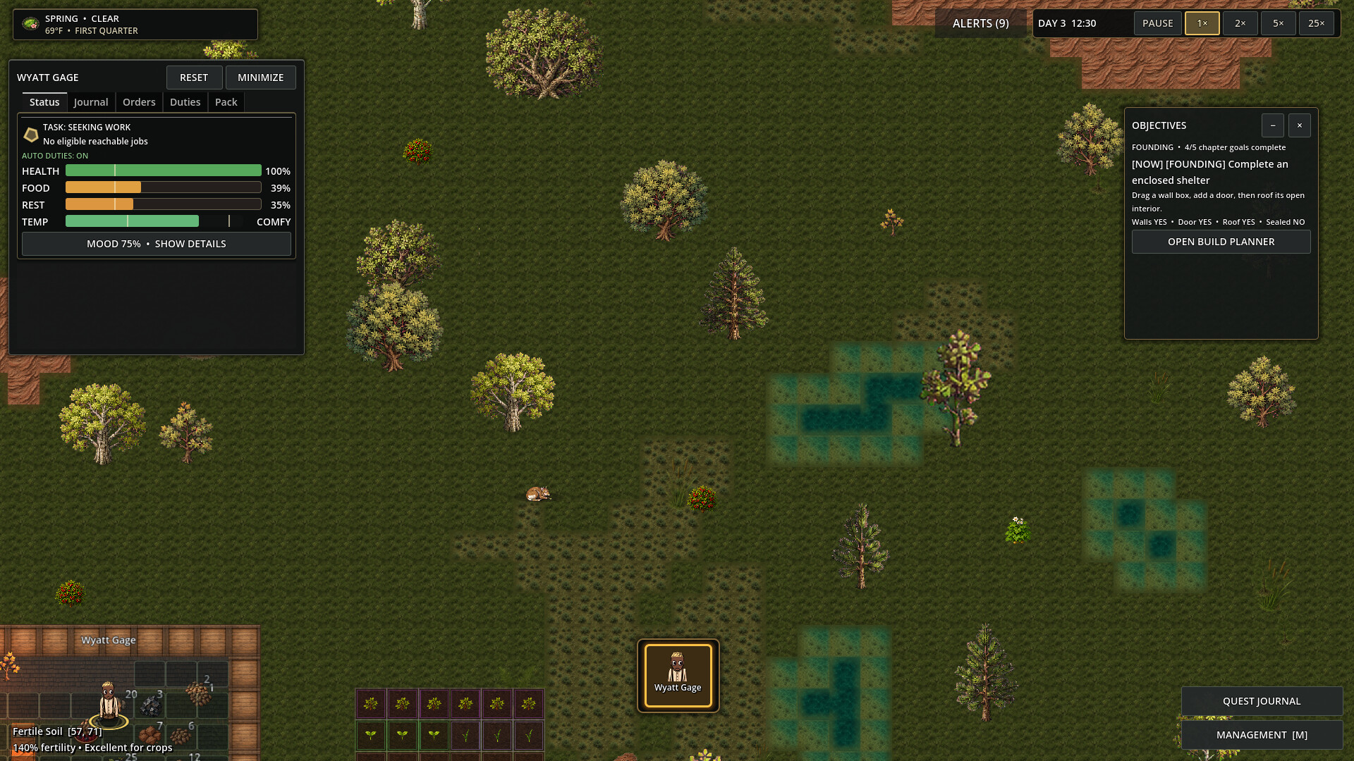 Arid Frontiers wilderness with trees, water, wildlife, and settlement objectives