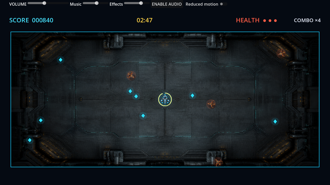 Pulse Arena gameplay: a pilot drone battling enemies in a neon-lit arena